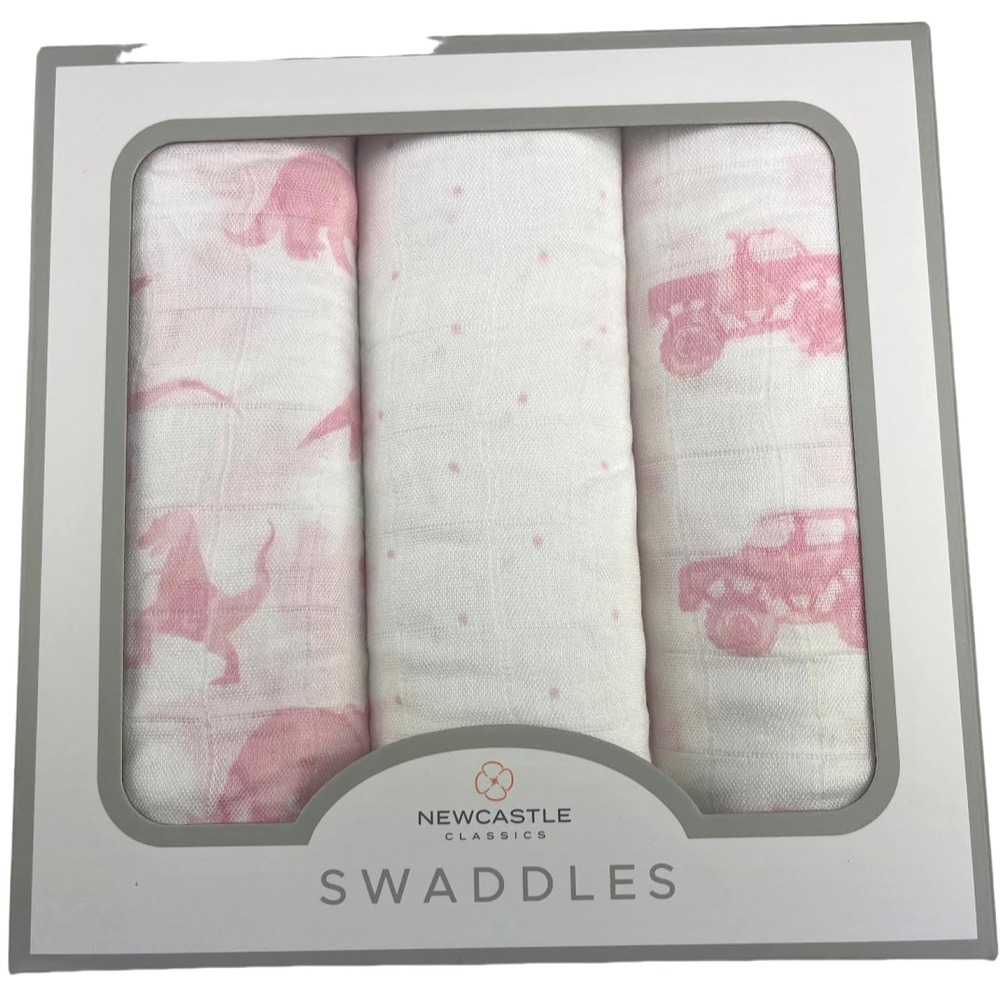 Baby Girl Pink Dinosaur Monster Truck Bamboo Swaddle Blanket Set 3pc Rayon‎ Soft
